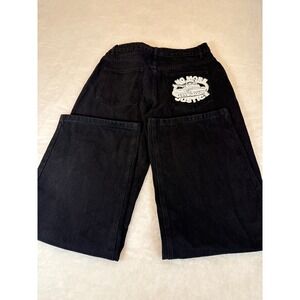 No More Justice Graphic Black Baggy Boot- leg Streetwear Wide Leg Denim Jeans 32